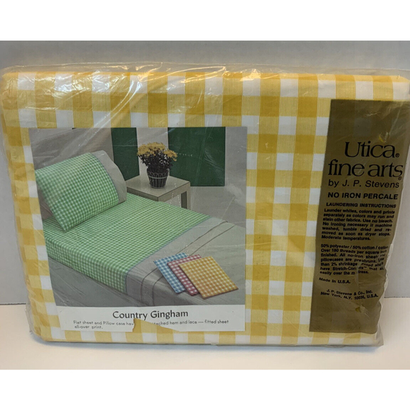 Vtg NOS JP Stevens Utica‎ Full Flat Sheet No Iron Yellow Checkered Retro Cottage - Picture 4 of 6